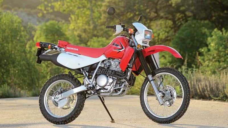 Honda XR650L Dirt Bike Standing on Street With Trees in Background