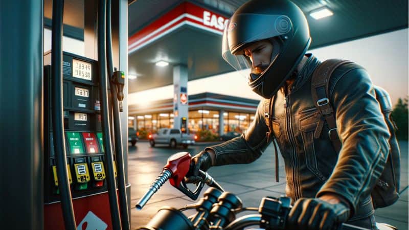 Male motorcyclist, clad in a helmet and protective jacket, refueling his motorcycle at a gas station